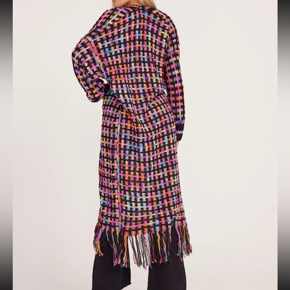 Luxe Plus Size Long Plaid Color Fringed Hem Knit Cardigan Duster Sweater - Picture 6 of 7